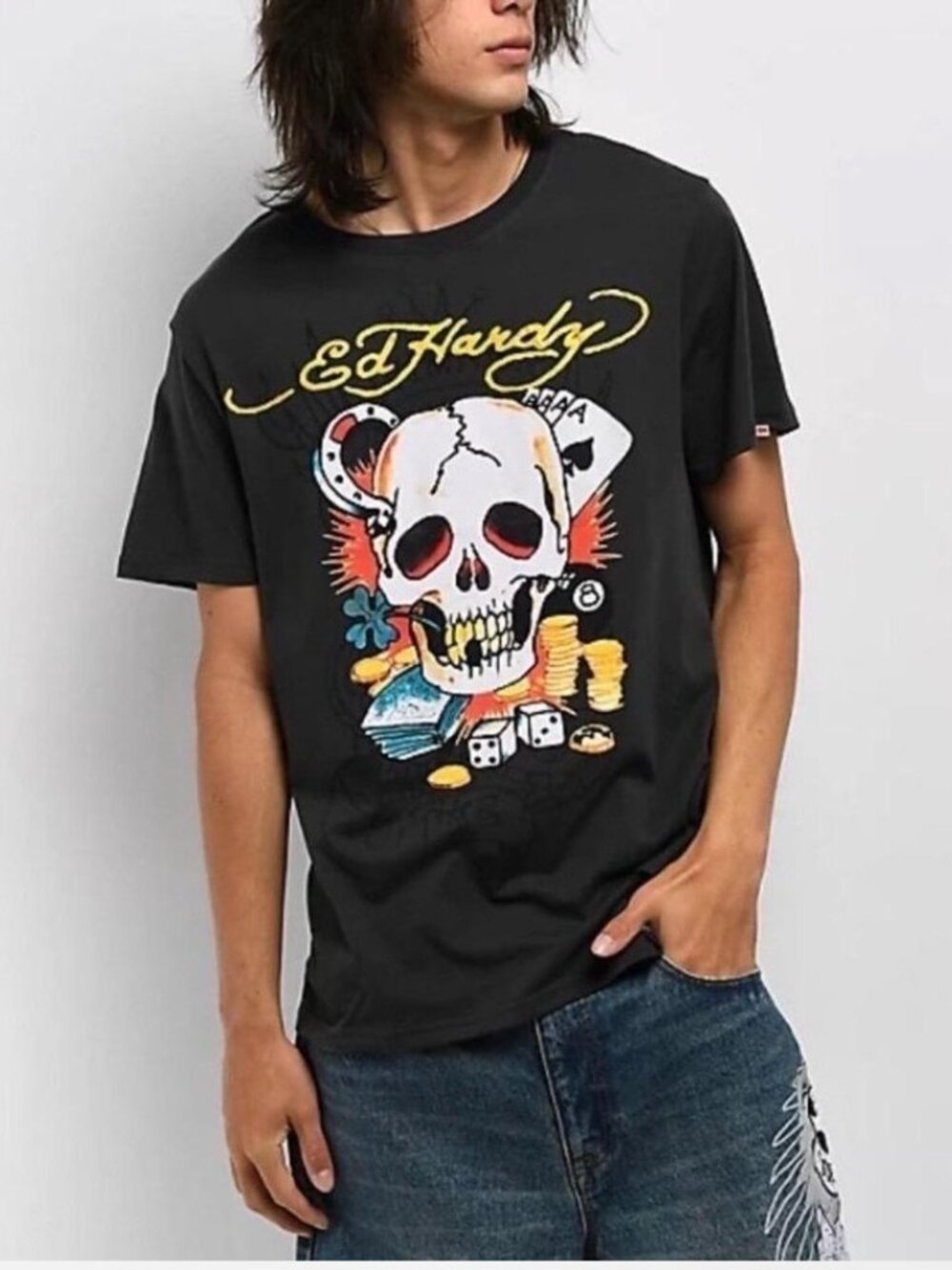 NEW Ed Hardy Ace Skull Throwback Graphic T-Shirt Men’s LARGE Gray NWT
